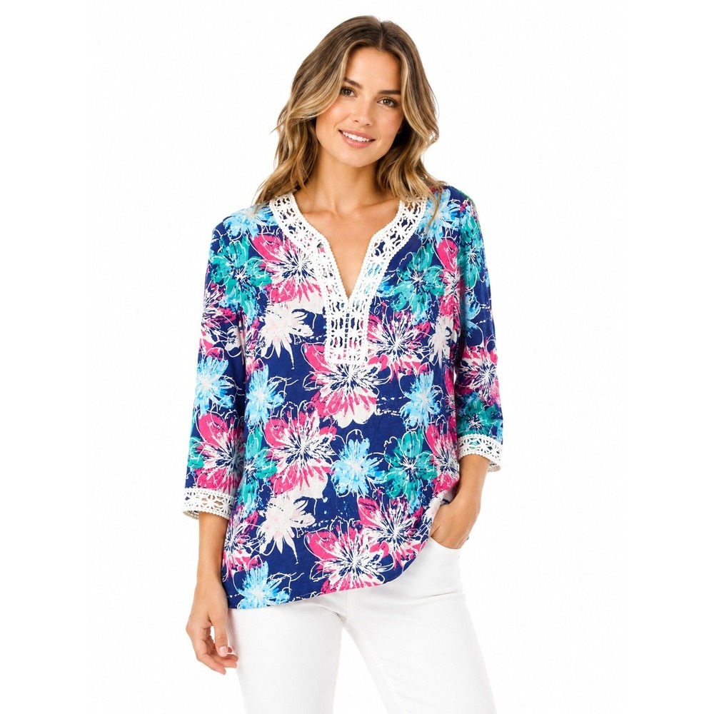 Drapers & Damons Cotton Floral Lace Crochet Trim V-Neck Top Navy Pink Small